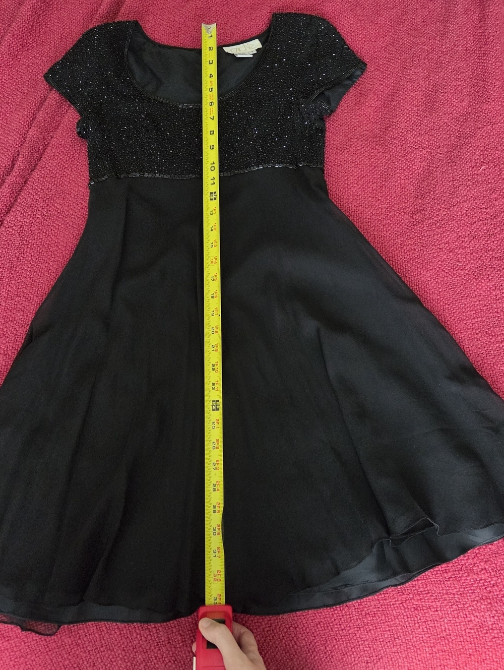 Vintage Little Black Dress - Beaded Bodice, Empire Waist, Flowing Silk Skirt - Picture 8 of 16